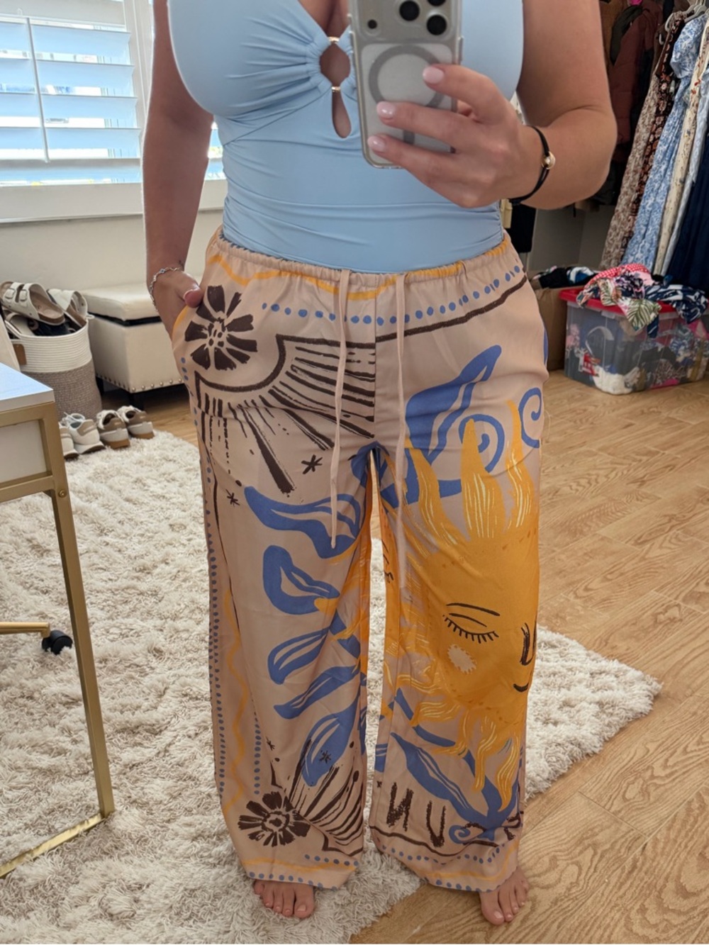 Sun Print Wide-Leg Lounge Pants - Beige/Blue/Yellow